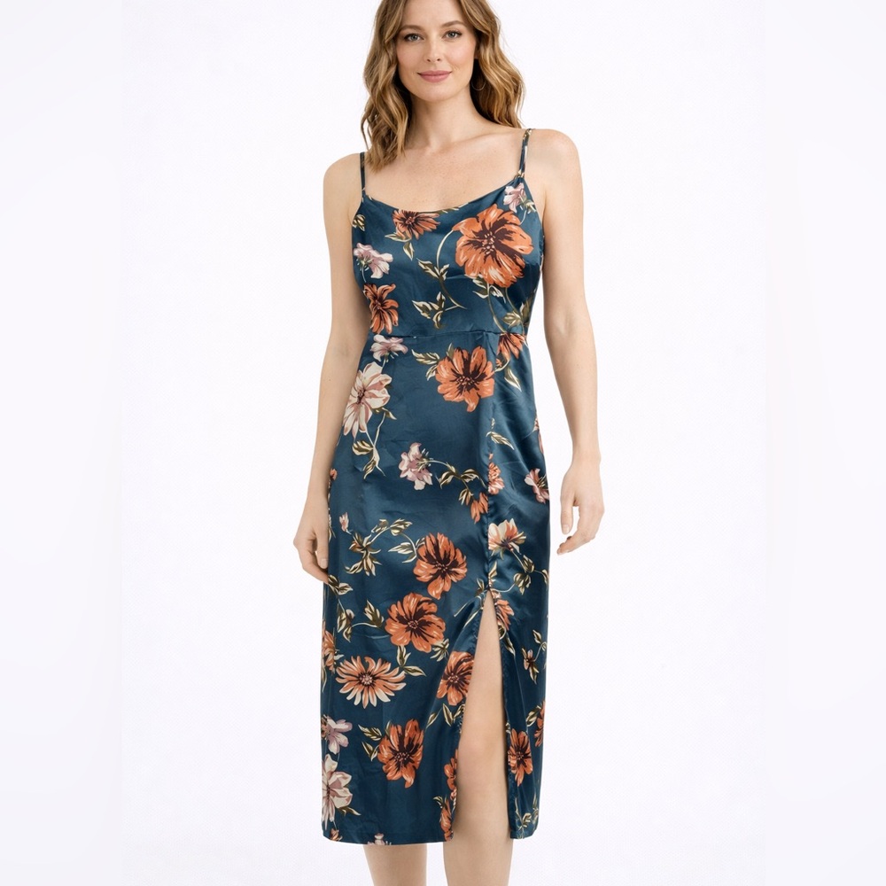 Vintage Unbranded Y2K Teal Tropical Satin Midi Slip Dress Womens Medium Resort